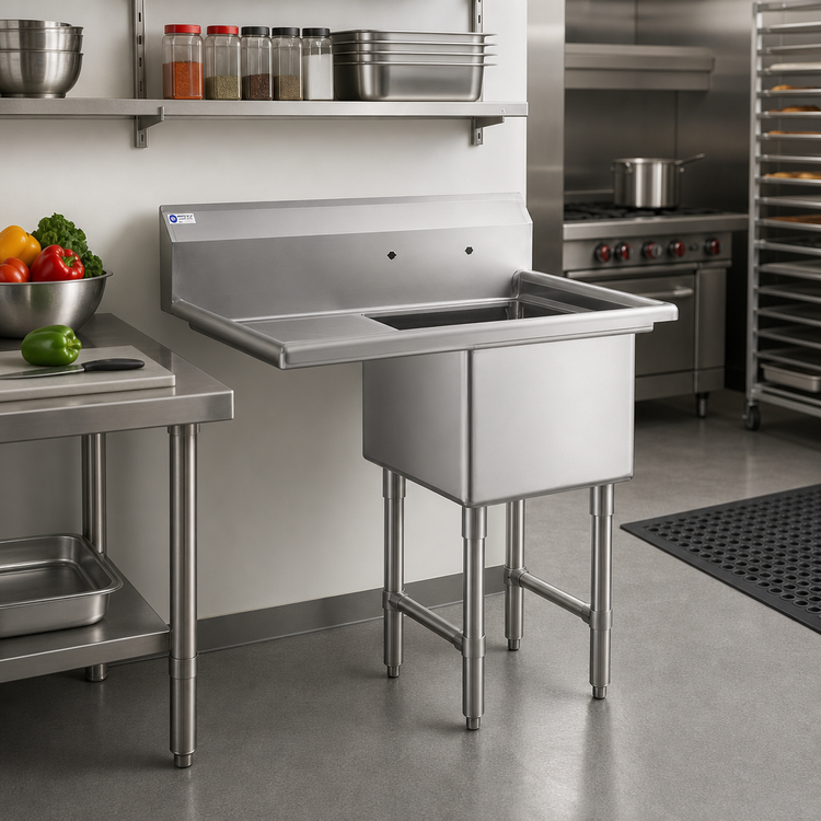 Product image #2 for Steel Works Stainless Single Compartment Sink with Left Drainboard, 24" x 24" x 14" Bowl, 50-1/2" x 29-1/2" x 43-3/4" H