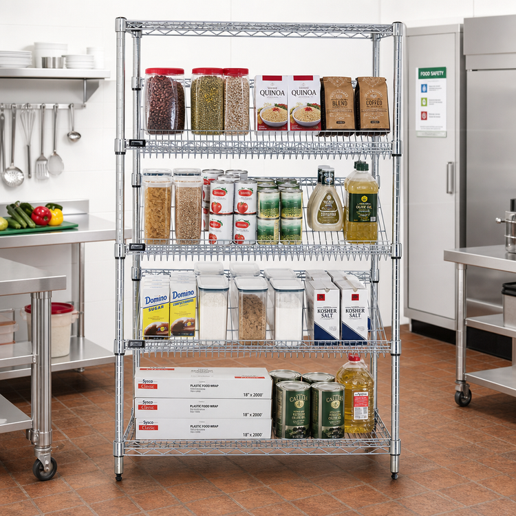 Product image #2 for Quantum Chrome-Plated 5-Shelf Slanted Shelf Cart, 36 x 18 x 69 Inches, 1200 lb. Capacity