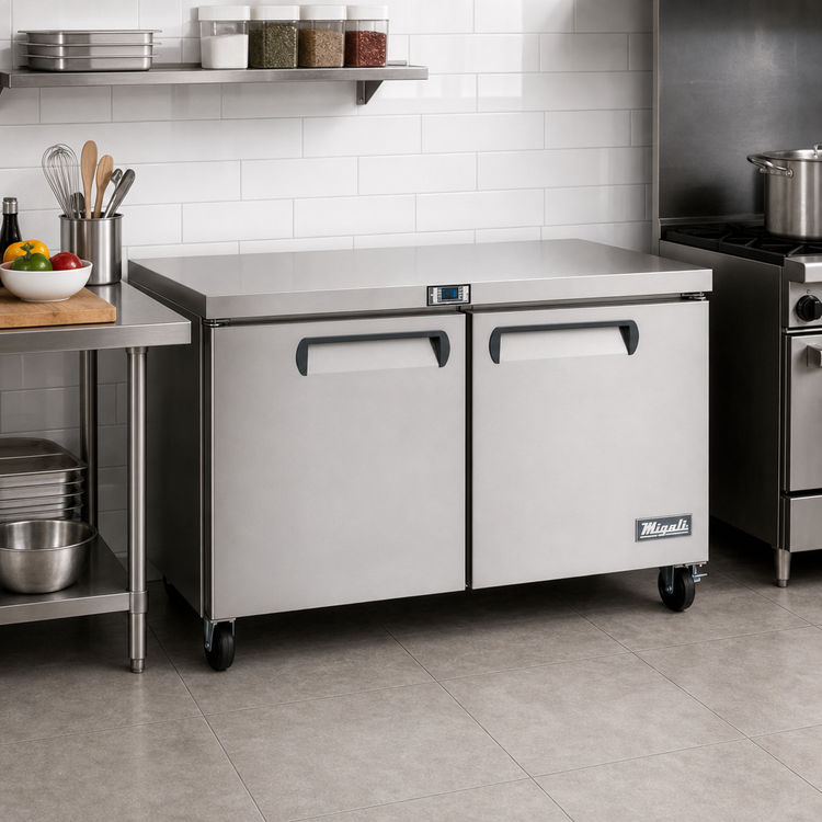 Product image #2 for Migali Competitor Series 60-Inch 2-Section Stainless Steel Undercounter Reach-In Freezer, 18.2 Cu. Ft., Solid Doors, Self-Contained