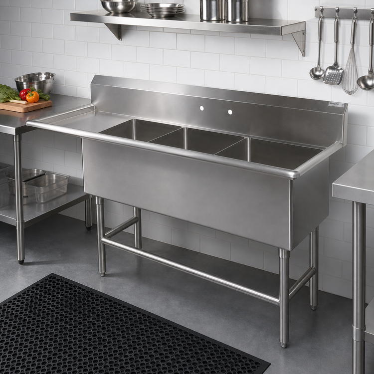 Product image #2 for John Boos Pro-Bowl 3-Compartment Sink with 24-Inch Left Drainboard, 18-Inch x 24-Inch x 14-Inch Bowls, 16-Gauge Stainless Steel