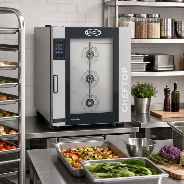 Product image #2 for UNOX ChefTop MIND.Maps Plus 10-Tray Electric Countertop Combi Oven/Steamer, 18" x 26" Full-Size Sheet Pan Capacity, Left-Hand Door