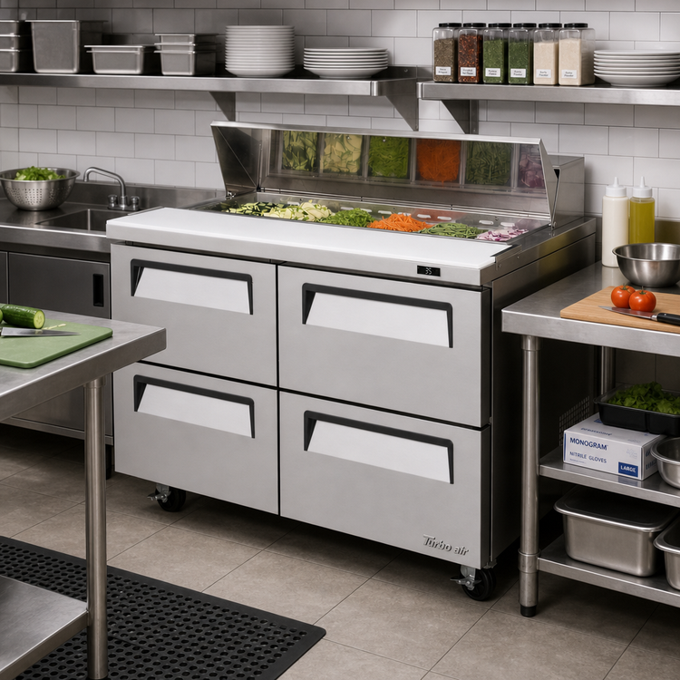 Product image #2 for Turbo Air Super Deluxe 48-Inch Two-Section Refrigerated Sandwich/Salad Prep Table with 4 Drawers