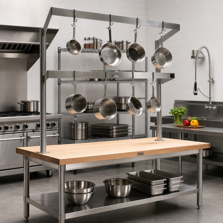 Product image #2 for John Boos Table-Mount Double-Bar Stainless Steel Pot Rack for 48-Inch Tables with 8 Double Hooks