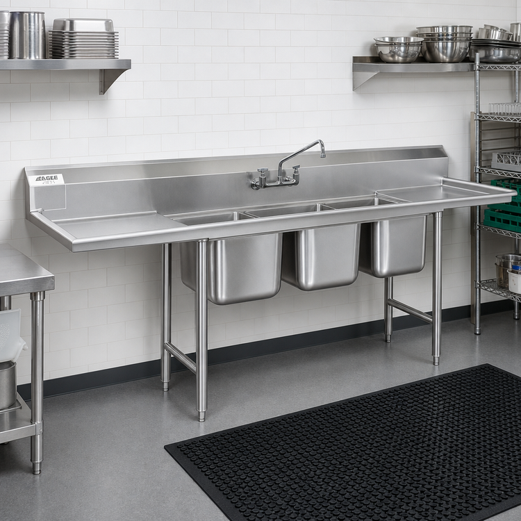 Product image #2 for Eagle Group 314 Series Three-Compartment Stainless Steel Sink with Left Drainboard, 104-3/4-Inch Wide