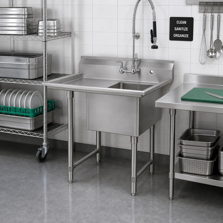 Product image #2 for Klinger's Trading Heavy Duty One-Compartment 16-Gauge 304 Stainless Steel Sink with 18-Inch Left Drainboard
