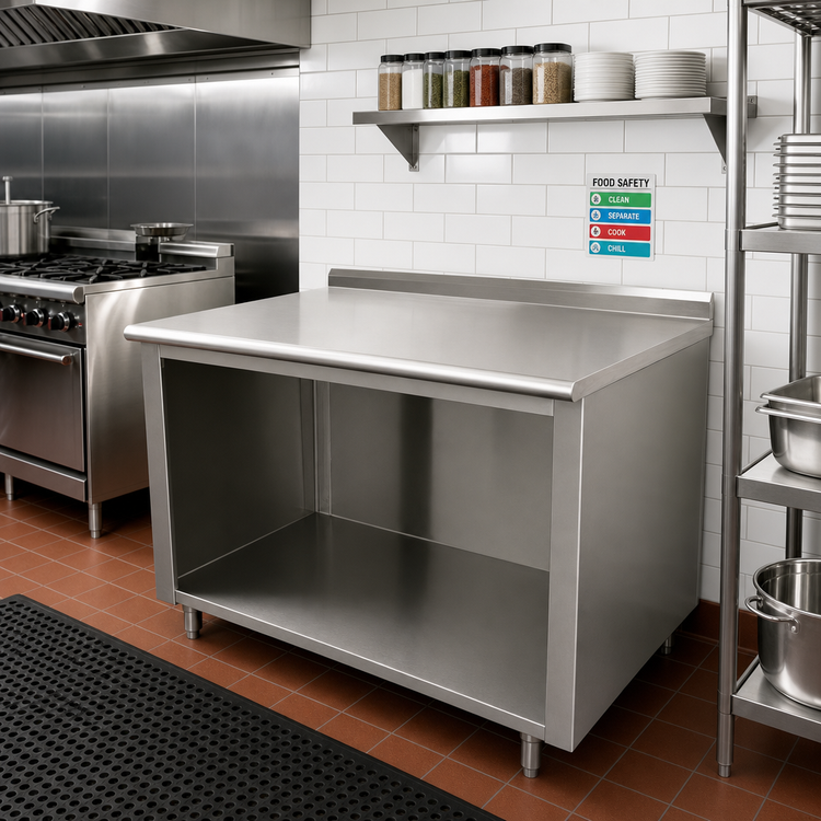 Product image #2 for Advance Tabco 84-Inch x 30-Inch 14-Gauge 304 Stainless Steel Work Table with Open Front Cabinet Base and 1-1/2-Inch Rear Up-Turn