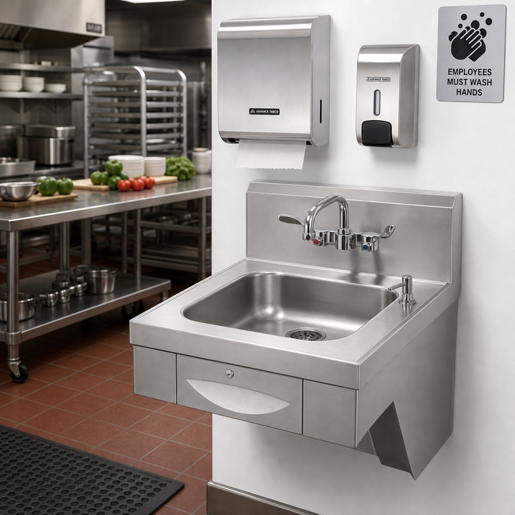 Product image #2 for Advance Tabco ADA Compliant Wall-Mounted Stainless Steel Hand Sink with 14 x 16 x 5 Bowl, Faucet, Soap Dispenser, and Towel Dispenser