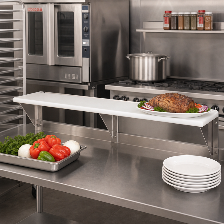 Product image #2 for Advance Tabco Triumph (Supreme) Stainless Steel Carving Station Shelf with Removable 3/8 Inch White Poly Cutting Board, 62-7/16 Inch x 10 Inch