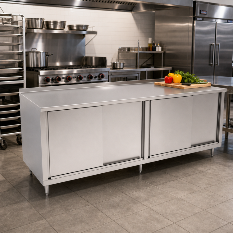 Product image #2 for John Boos Enclosed Work Table with Sliding Doors, 132 x 36 Inches, 16-Gauge 300-Series Stainless Steel Top