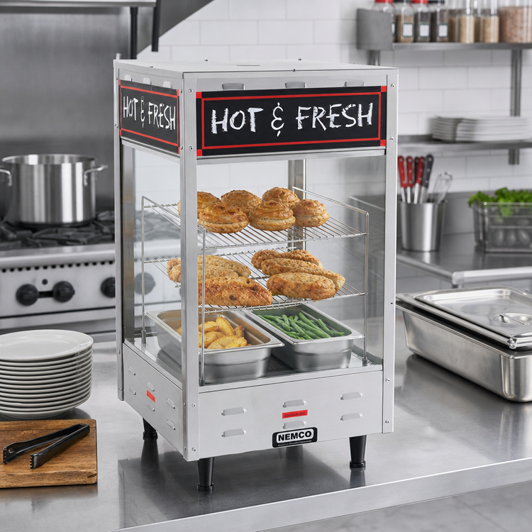 Product image #2 for Nemco Countertop Heated Food Merchandiser, 18-1/2-Inch Square, 3 Shelves, Stainless Steel and Tempered Glass, 120V