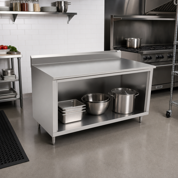 Product image #2 for John Boos Open Front Cabinet Base Work Table with 14-Gauge 300 Series Stainless Steel Top, 48 x 36 Inches, 5-Inch Backsplash