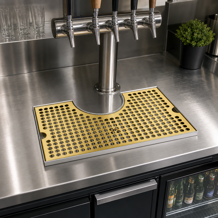 Product image #2 for Surface Mount Stainless Steel Draft Beer Drip Tray Trough with PVD Brass Screen, 14 x 8 Inches