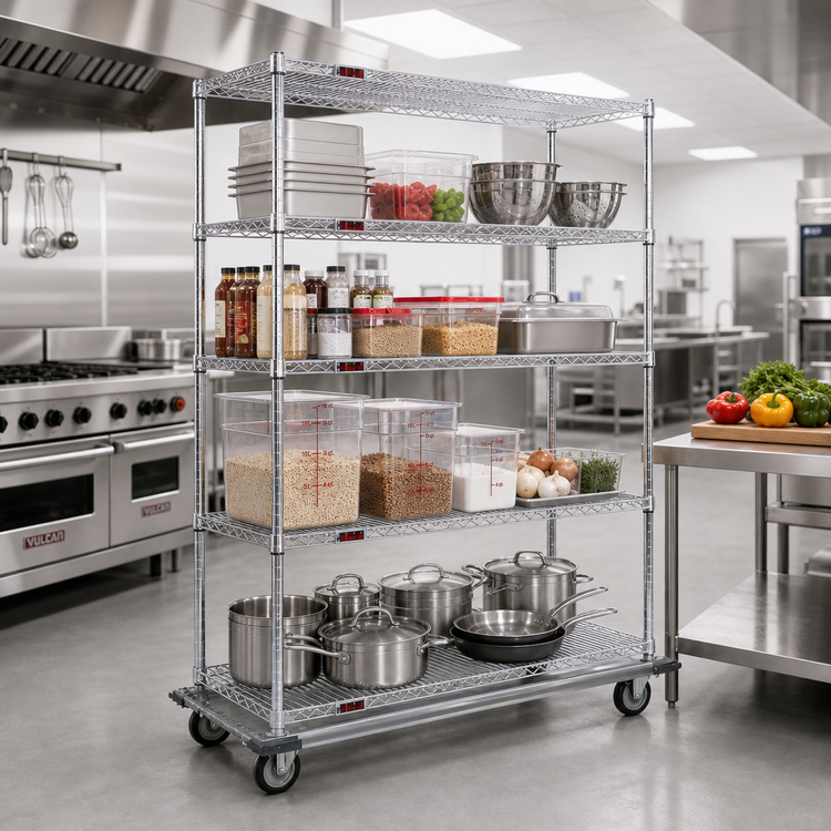 Product image #2 for 4-Tier Chrome Wire Shelving Dolly Truck, 60 x 24 Inches, 5-Inch Poly Swivel Casters