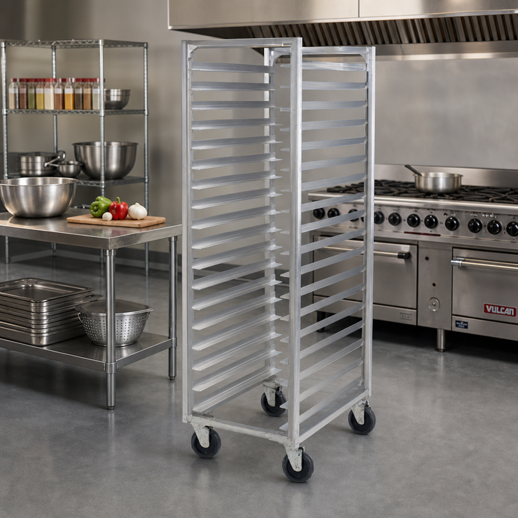 Product image #2 for Aluminum Fixed Angle Pan Rack for 18 Full-Size Trays with 5-Inch Casters