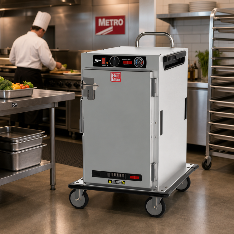 Product image #3 for Metro HotBlox Insulated Narrow 8-Pan Half-Height Heated Transport Cabinet with Solid Door and Analog Controls