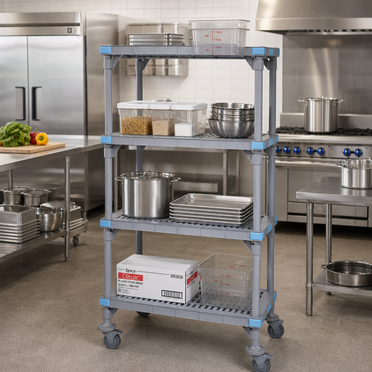 Product image #2 for Quantum Millenia Mobile Polymer Shelving Unit with 4 Open-Grid Shelves, 24 x 18 x 74 Inches, Gray