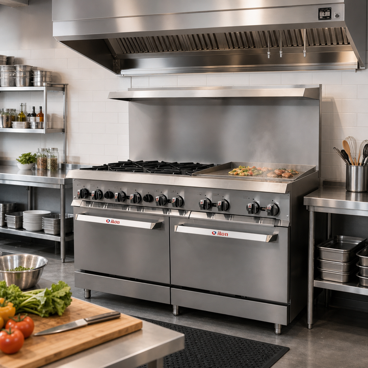 Product image #2 for IKON Cooking 60-Inch Natural Gas Commercial Range with 6 Burners, 24-Inch Griddle, and 2 Static Ovens