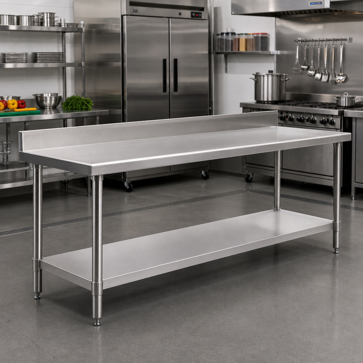 Product image #2 for Eagle Group Spec-Master Marine Series 144-Inch x 30-Inch Stainless Steel Work Table with 4-1/2-Inch Backsplash and Undershelf
