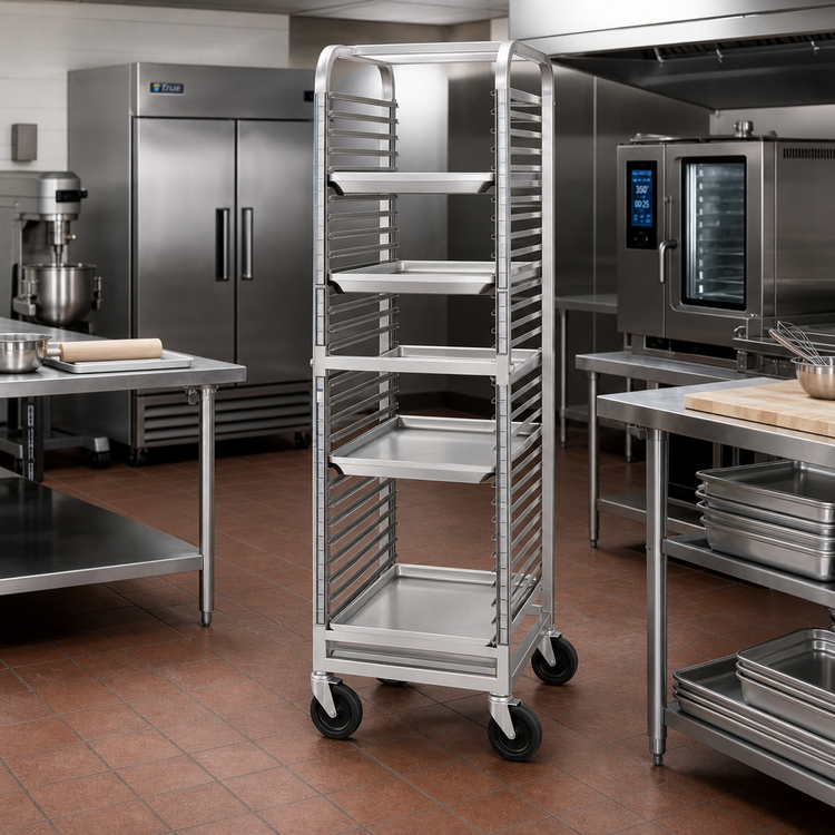 Product image #2 for Channel Manufacturing Stainless Steel End-Load Wire Pan Slide Bun Pan Rack with 5-Inch Casters, 33-Pan Capacity