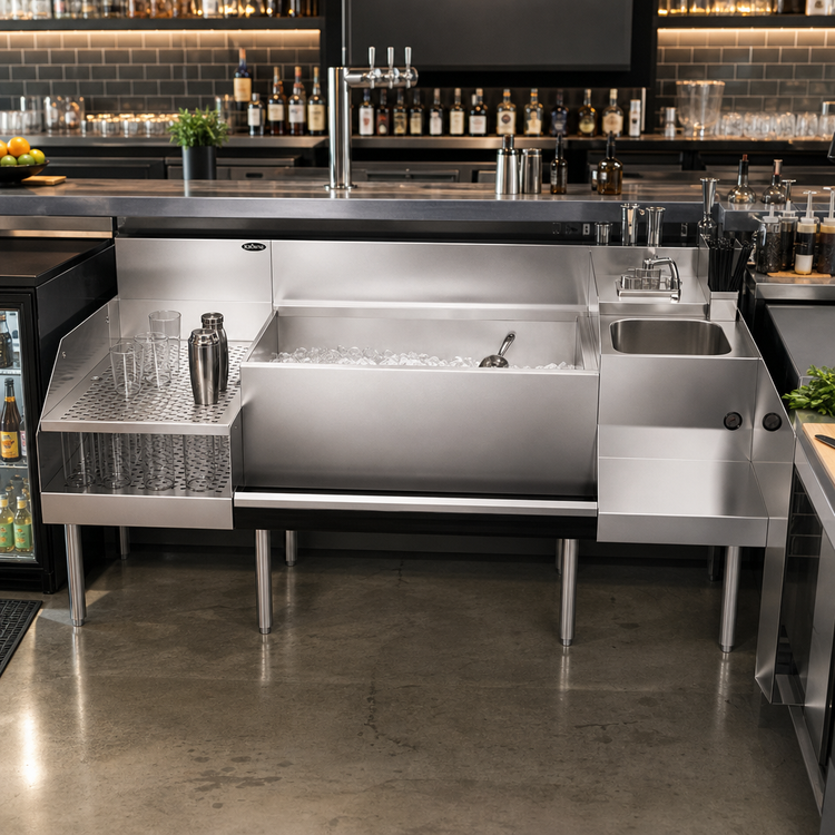 Product image #2 for Krowne Royal Series 72-Inch Underbar Ice Bin/Cocktail Station with Recessed Drainboard, 36-Inch Ice Bin, 18-Inch Blender Station with Dump Sink, 10-Circuit Cold Plate, and 110-Lb Ice Capacity