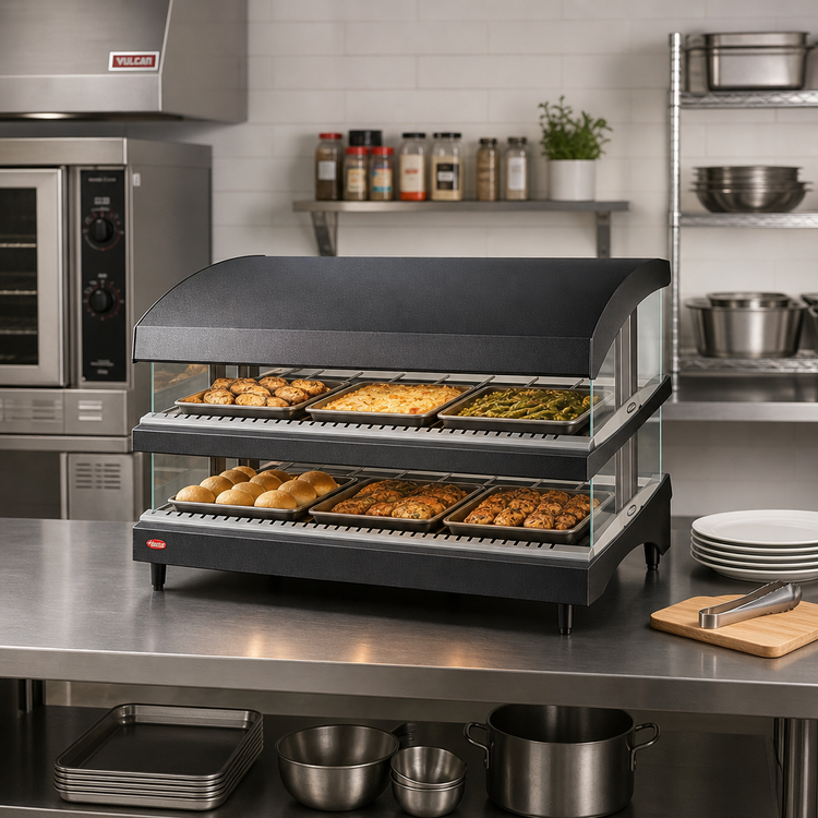 Product image #2 for Hatco Glo-Ray Designer Slant 39-Inch Countertop Dual-Shelf Heated Glass Merchandiser