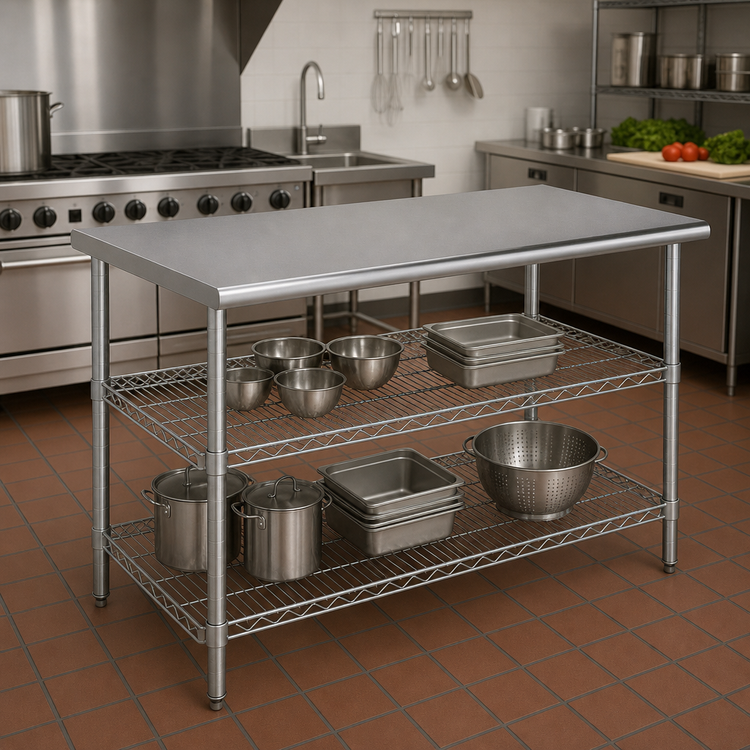 Product image #2 for Eagle AdjusTable Basic Unit 60-Inch x 24-Inch 14-Gauge Stainless Steel Work Table with 2 Adjustable Chrome Wire Undershelves