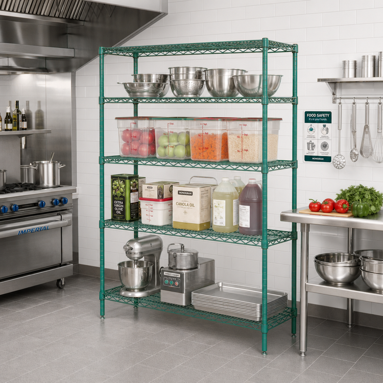 Product image #2 for Quantum 54"W x 24"D x 63"H Wire Shelving Starter Kit with 4 Shelves, Green Epoxy Antimicrobial Finish