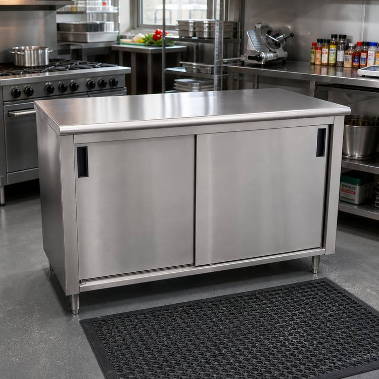 Product image #2 for Advance Tabco Enclosed Work Table with Cabinet Base, Mid-Shelf, Sliding Doors, and 14-Gauge 304 Stainless Steel Top, 108 x 30 Inches