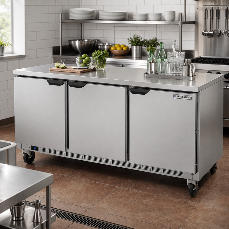 Product image #2 for Beverage-Air 72-Inch Three-Section Worktop Refrigerator with Flat Top and Solid Doors