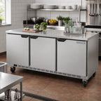Thumbnail image #2 for Beverage Air WTR72AHC-FLT 72-Inch 3-Section Stainless Steel Worktop Refrigerator, Flat Top, 3 Solid Doors