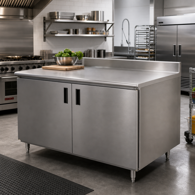Product image #2 for Advance Tabco 96-Inch x 36-Inch Enclosed Work Table with Cabinet Base, 14-Gauge 304 Stainless Steel Top, and 5-Inch Backsplash
