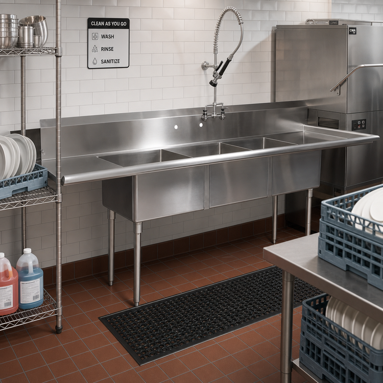 Product image #2 for BK Resources Three-Compartment Stainless Steel Soiled Dish Table with Pre-Rinse Faucet, 100-Inch x 30.5-Inch