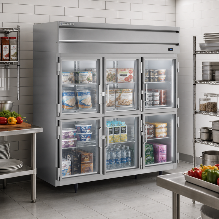 Product image #2 for Beverage-Air P Series Three-Section Commercial Reach-In Freezer with 6 Lockable Glass Half Doors