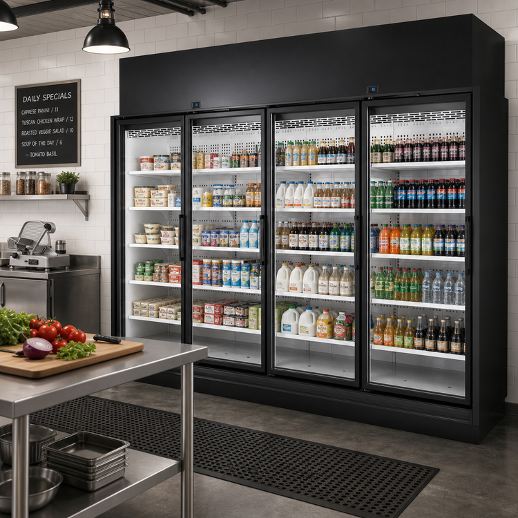 Product image #2 for True 4-Section Medium Temperature Glass Door Refrigerated Merchandiser, Self-Contained, Top-Mounted