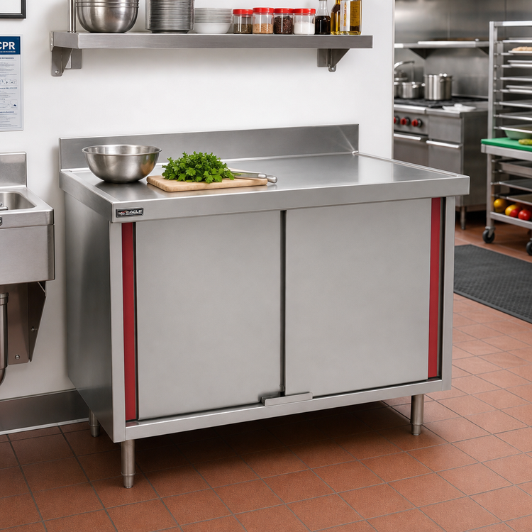 Product image #2 for Eagle Group Spec-Master Marine Series Cabinet Base Work Table with Hinged Doors, 36 x 24 Inches, 14-Gauge 304 Stainless Steel Top, 4-1/2-Inch Backsplash