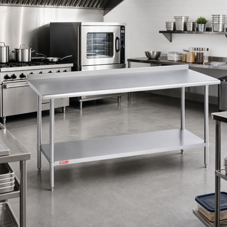 Product image #2 for Duke 108-Inch x 30-Inch 14-Gauge 300 Series Stainless Steel Work Table with 1-1/8-Inch Straight Riser
