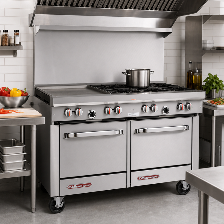 Product image #2 for Southbend S-Series 48-Inch Gas Restaurant Range with 4 Open Burners, 24-Inch Griddle, Convection Oven, and Cabinet Base