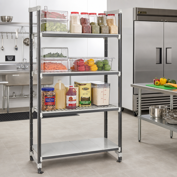 Product image #2 for Cambro Camshelving Elements XTRA High Density Top Rail Stationary Starter Unit, 24 in. D x 54 in. L x 81 in. H, 4-Tier, 3 Vented + 1 Solid, Speckled Gray