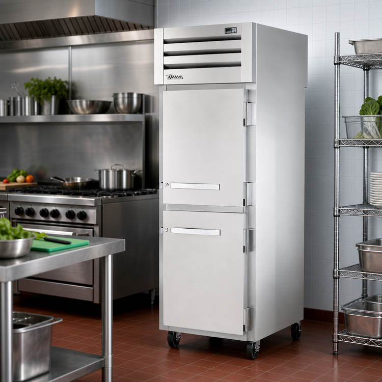 Product image #2 for Pass-Thru One-Section Reach-In Refrigerator with Half Front and Rear Swing Doors, Stainless Steel, Self-Contained Top Mount