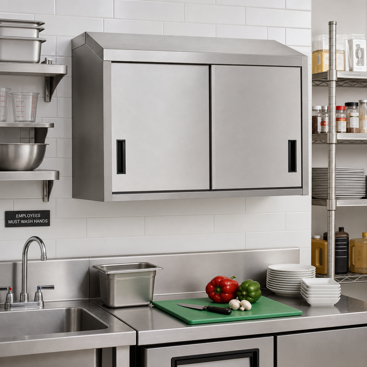 Product image #2 for Advance Tabco Wall-Mounted Stainless Steel Enclosed Cabinet with 2 Sliding Doors and Intermediate Shelf, 36 x 15 Inches