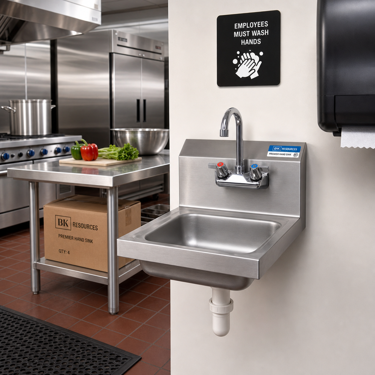 Product image #2 for BK Resources Premier 4-Pack Wall-Mount Hand Sink Case Pack with Faucet and Drain, 14" x 10" x 5" Bowl