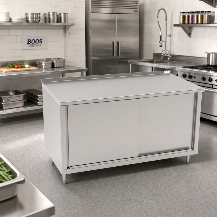Product image #2 for John Boos Enclosed Work Table with Sliding Doors, 84 x 36-Inch, 14-Gauge 300 Series Stainless Steel Top, 1-1/2-Inch Rear Riser