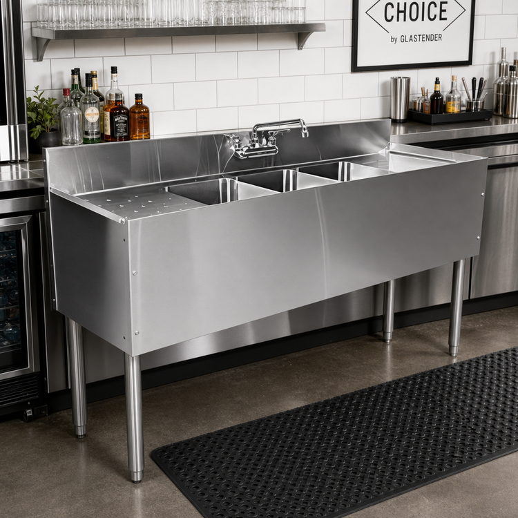 Product image #2 for CHOICE by Glastender 48-Inch Wide Three-Compartment Underbar Sink Unit with Left Drainboard and Deck-Mounted Faucet