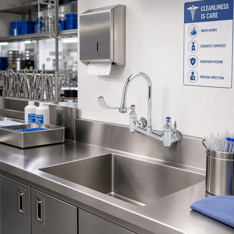 Product image #2 for Wall-Mount Medical Faucet with 8-Inch Centers and 5-3/4-Inch Rigid Gooseneck Spout