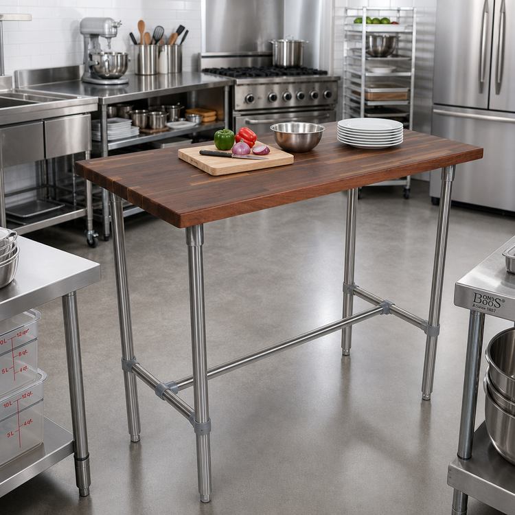 Product image #3 for John Boos Cucina Classico 48" x 24" Edge-Grain Walnut Island Work Table with Stainless Steel Legs, 40" High