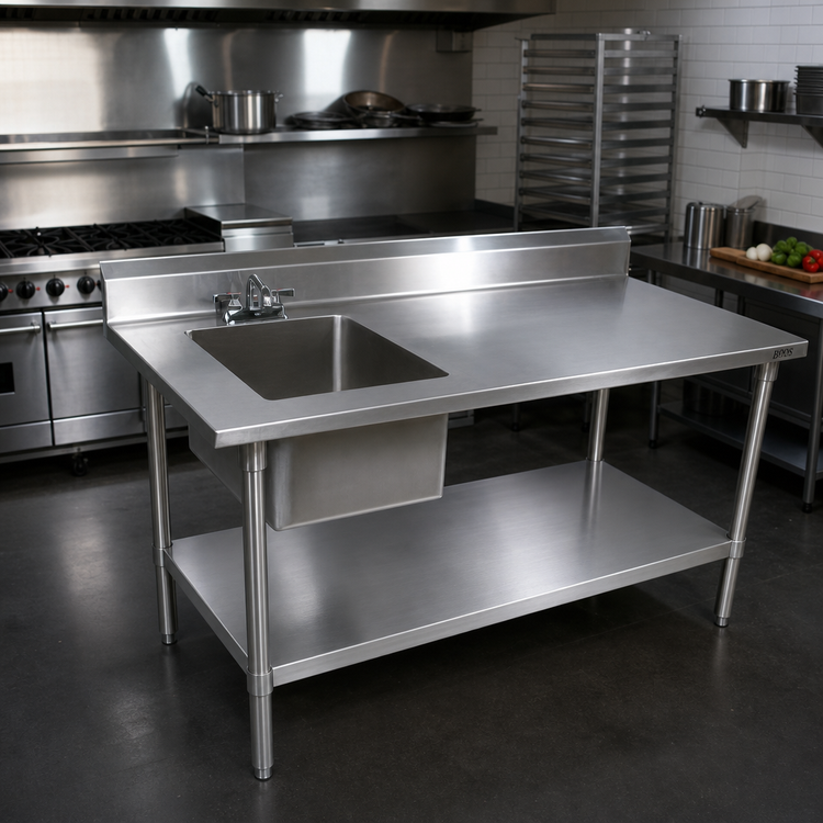 Product image #2 for John Boos 72" x 30" Stainless Steel Sink Table With Left Prep Sink, 5" Backsplash, and Undershelf