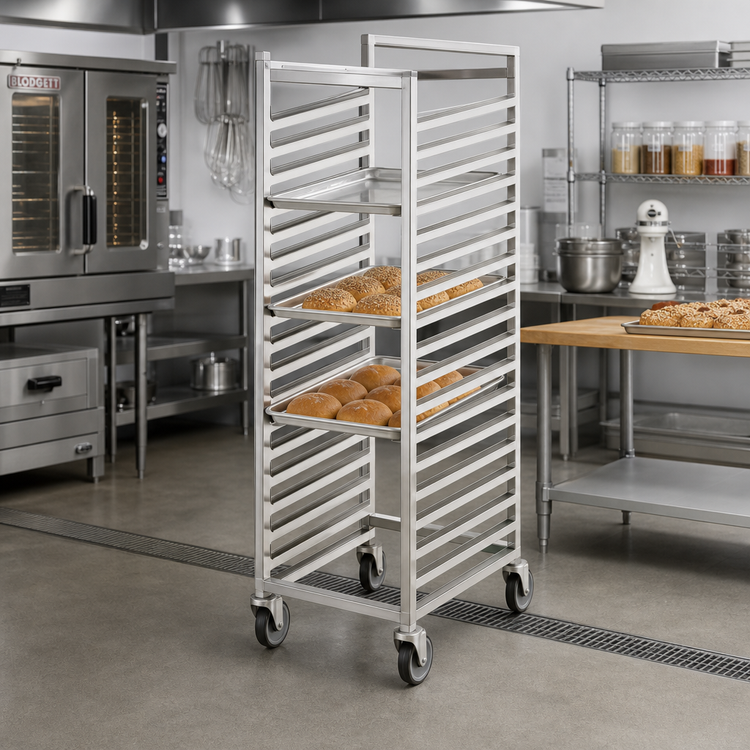 Product image #2 for Channel All-Welded Stainless Steel Side-Load Bun Pan Rack for 18 x 26 Pans, 10-Pan Capacity, 5-Inch Swivel Casters