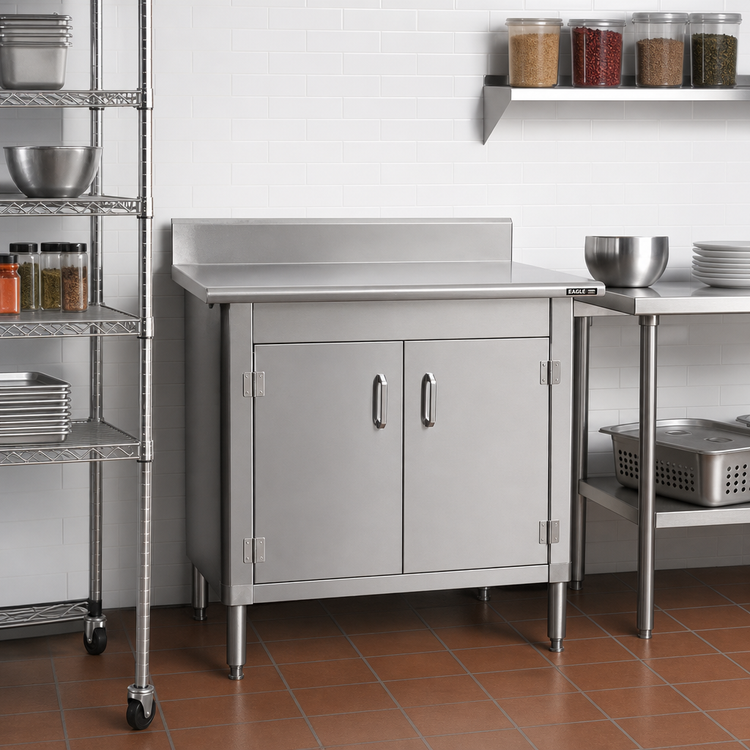Product image #2 for Eagle Group 48" x 30" Enclosed Work Table with Cabinet Kit, 430 Stainless Steel Top, Hinged Doors, and Backsplash