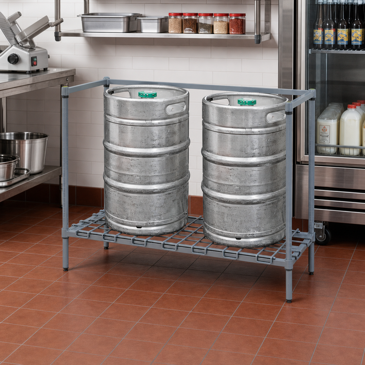 Product image #2 for Quantum Modular Wire Keg Dunnage Rack, 60 in W x 18 in D x 34 in H, 3-Keg Capacity, Gray Epoxy Antimicrobial Finish