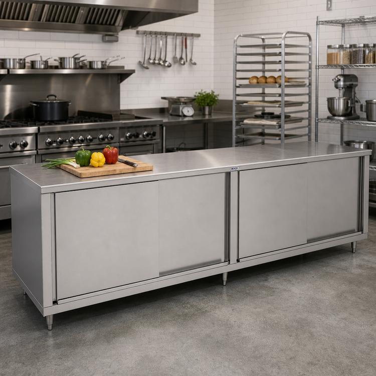 Product image #2 for John Boos 144-Inch x 24-Inch Stainless Steel Cabinet Base Work Table with Sliding Doors and Flat Top